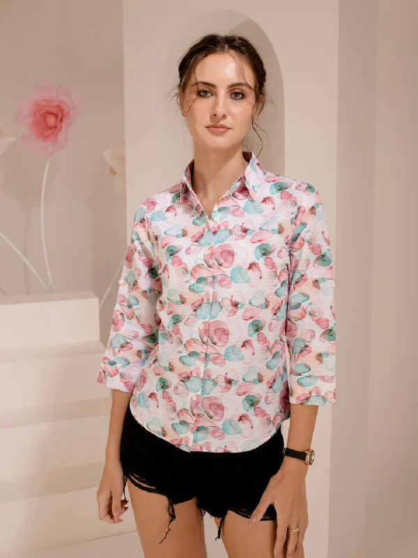 TANDUL  Women Regular Fit Printed Built-up Collar Casual Shirt Cozy Striped Short Sleeve