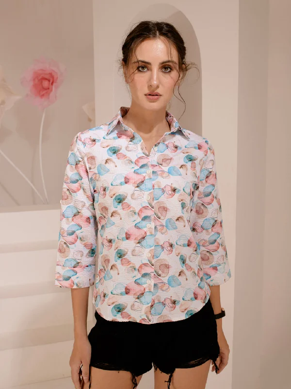 TANDUL Women Regular Fit Printed Built-up Collar Casual Shirt Elegant Button-Down Short Shirt TANDUL Women Regular Fit Printed Built-up Collar Casual Shirt Elegant Button-Down Short Shirt