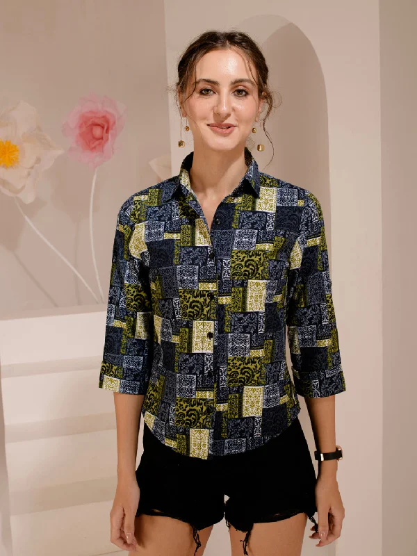 TANDUL Women Regular Fit Printed Built-up Collar Casual Shirt Comfortable Loose Short Sleeve TANDUL Women Regular Fit Printed Built-up Collar Casual Shirt Comfortable Loose Short Sleeve