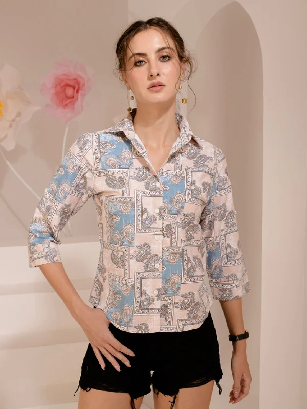 TANDUL Women Regular Fit Printed Built-up Collar Casual Shirt Fashionable Cuffed Short Sleeve TANDUL Women Regular Fit Printed Built-up Collar Casual Shirt Fashionable Cuffed Short Sleeve