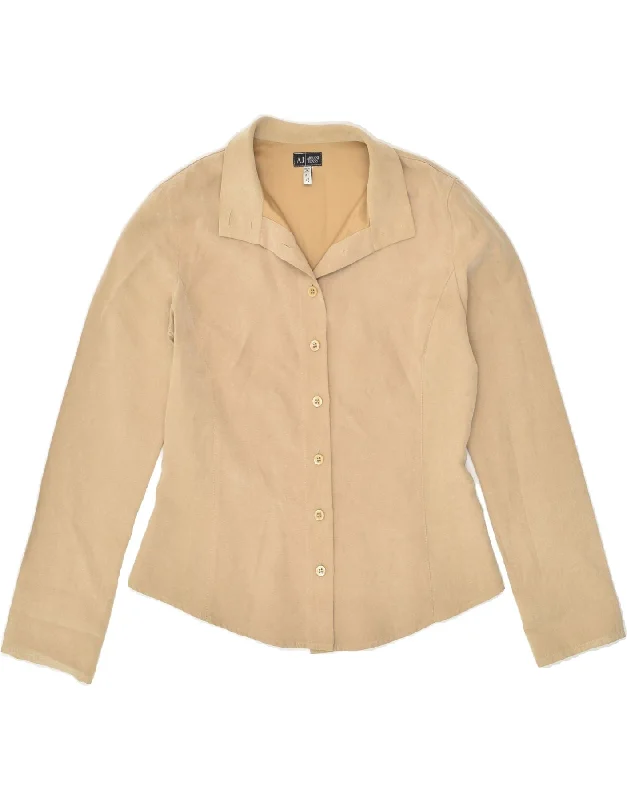 ARMANI JEANS Womens Shirt UK 12 Medium Beige Polyester Stylish Pleated Short Sleeve