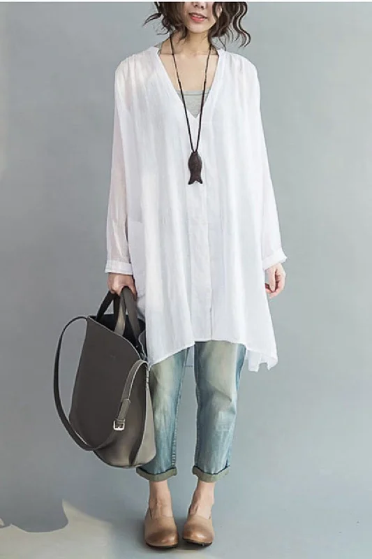 Art Casual Loose Long V-neck Cotton Shirt Women Clothes Stylish Split-Hem Short Shirt Art Casual Loose Long V-neck Cotton Shirt Women Clothes Stylish Split-Hem Short Shirt