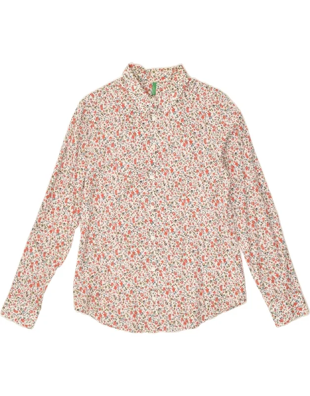 BENETTON Womens Shirt UK 10 Small White Floral Cotton Trendy Summer Short Sleeve