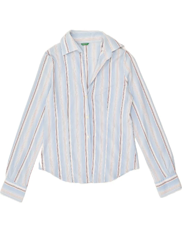 BENETTON Womens Shirt UK 12 Medium Blue Striped Chic V-Neck Short Blouse
