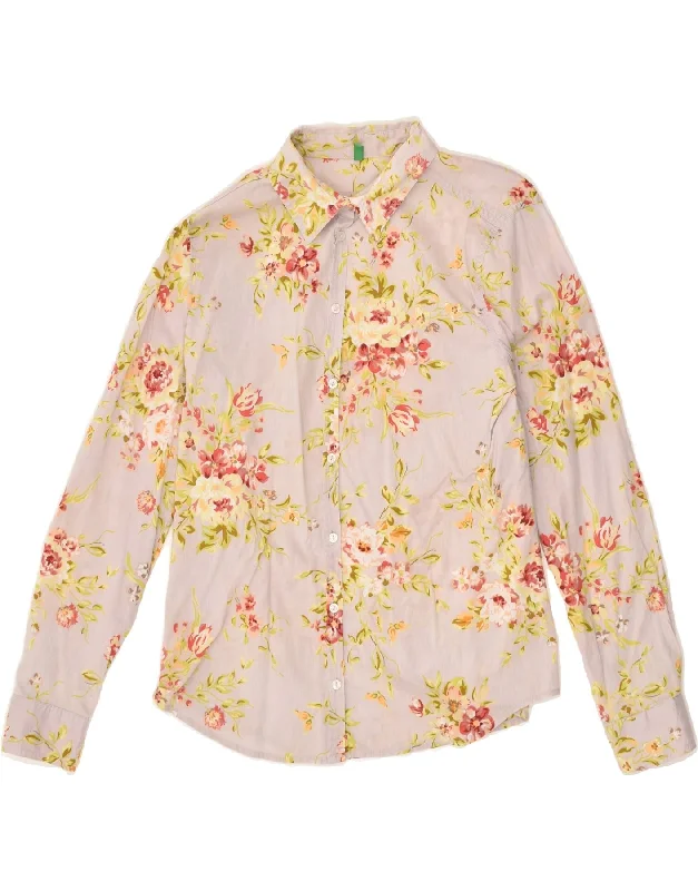 BENETTON Womens Shirt UK 14 Medium Beige Floral Casual Loose Short Sleeve