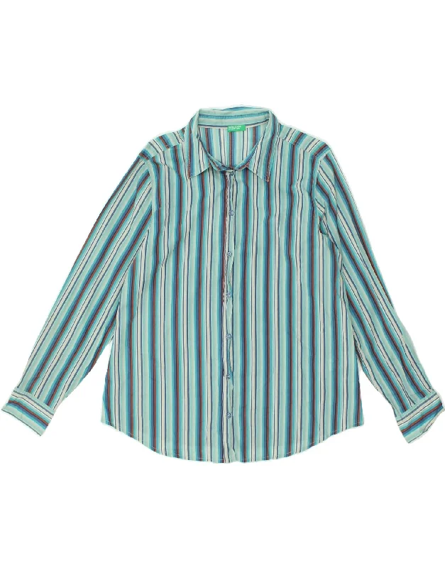 BENETTON Womens Shirt UK 16 Large Blue Striped Casual Ruffle Short Shirt