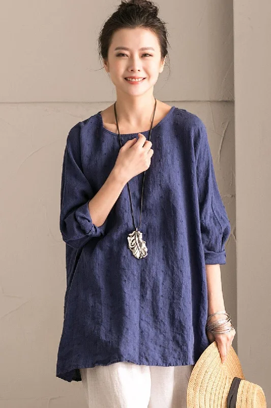 Blue Cotton Linen Bat Sleeve Top Round collar Shirt Summer and Spring For Women C9962B Comfortable Stretch Short Shirt Blue Cotton Linen Bat Sleeve Top Round collar Shirt Summer and Spring For Women C9962B Comfortable Stretch Short Shirt