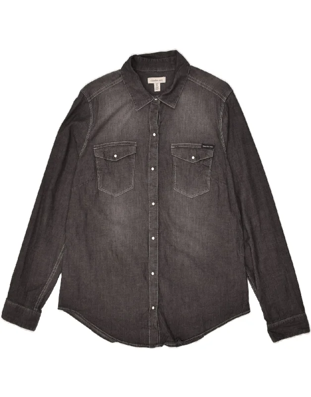 CALVIN KLEIN Womens Denim Shirt UK 12 Medium Grey Cotton Fashionable Cuffed Short Sleeve CALVIN KLEIN Womens Denim Shirt UK 12 Medium Grey Cotton Fashionable Cuffed Short Sleeve