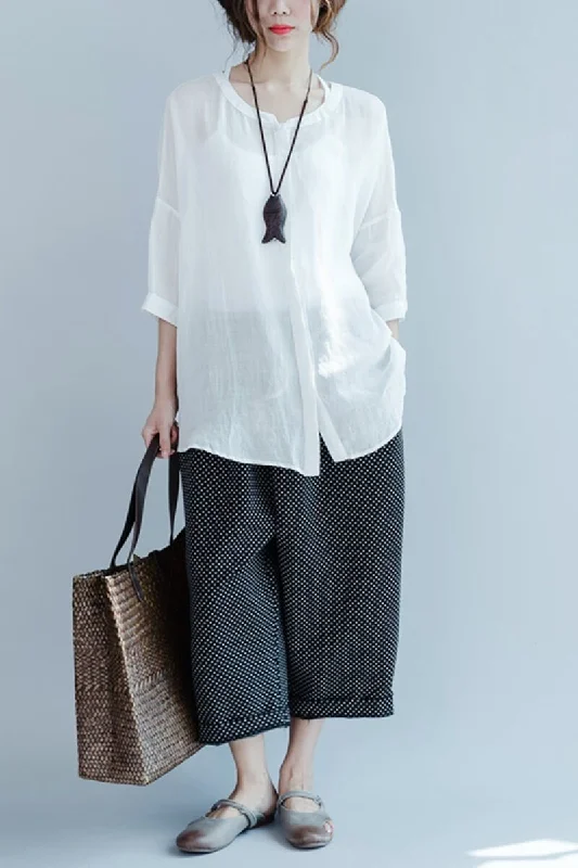 Casual Loose Round-neck Linen Shirt Women Clothes Relaxed Fit Short Shirt