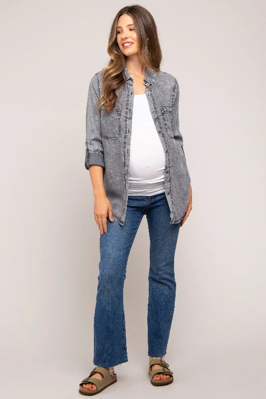 Charcoal Chambray Maternity Rolled Cuff Shirt Comfortable Graphic Short Sleeve