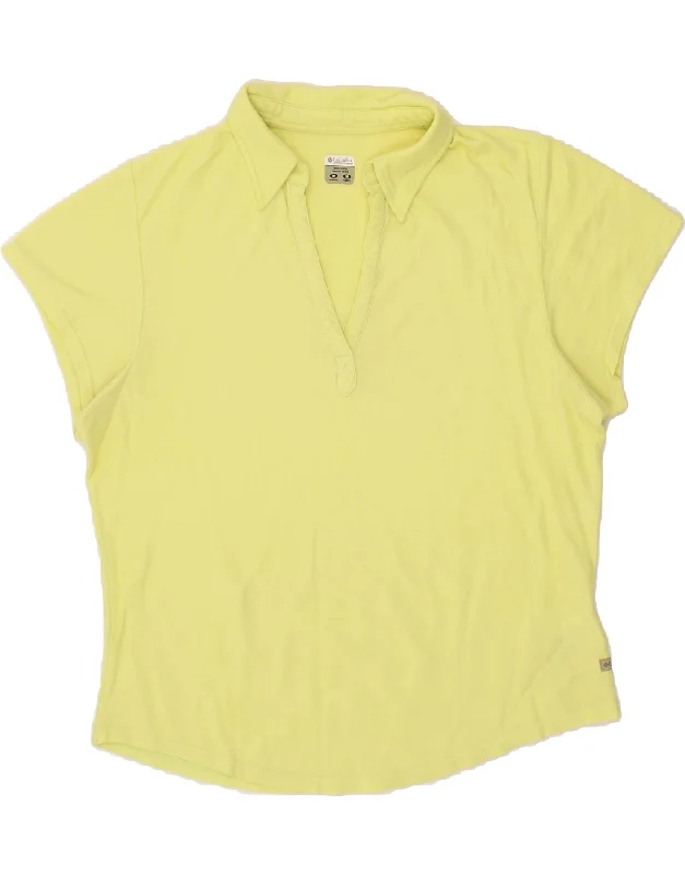 COLUMBIA Womens Polo Shirt UK 14 Medium Yellow Cotton Chic Embellished Short Sleeve