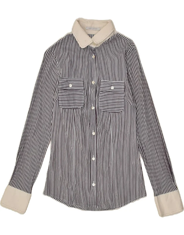 DANIELE ALESSANDRINI Womens Shirt UK 6 XS Navy Blue Pinstripe Cotton Trendy Floral Short Sleeve