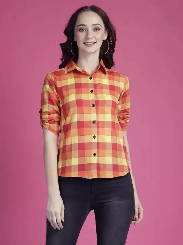 TANDUL  Women Regular Fit Checkered Casual Shirt Classic V-Neck Short Shirt