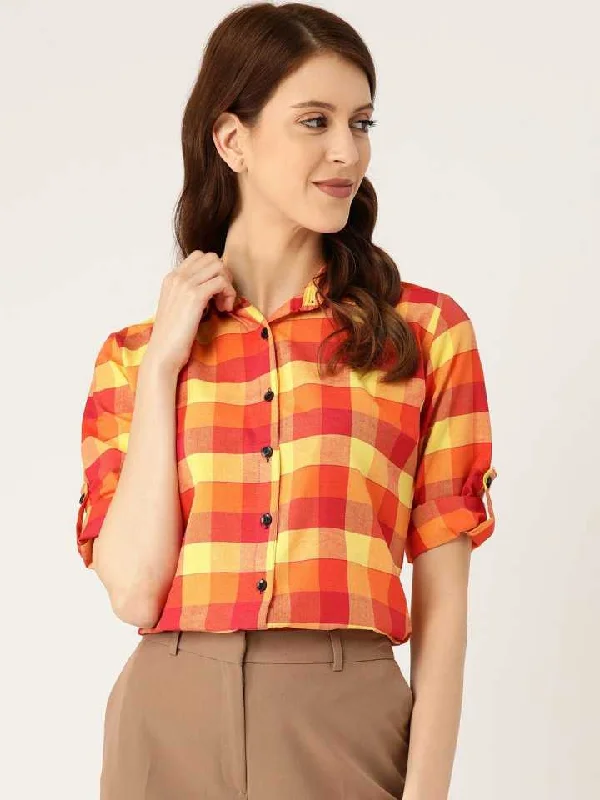 TANDUL  Women Regular Fit Checkered Formal Shirt Stylish Striped Short Sleeve