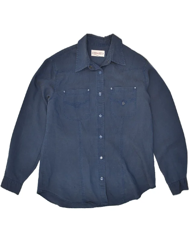 DISMERO Womens Shirt UK 14 Medium Navy Blue Cotton Elegant Draped Short Shirt