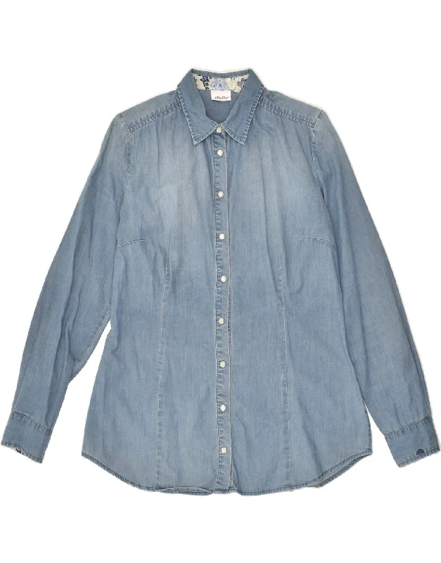 ELLESSE Womens Denim Shirt UK 14 Medium Blue Cotton Trendy Short Sleeve Blouse