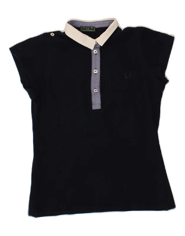 FRED PERRY Womens Polo Shirt UK 12 Medium Navy Blue Cotton Casual Button-Down Short Shirt FRED PERRY Womens Polo Shirt UK 12 Medium Navy Blue Cotton Casual Button-Down Short Shirt