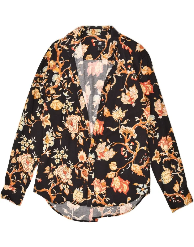 H&M Womens Shirt UK 16 Large Black Floral Cotton Casual Button-Up Short Tee