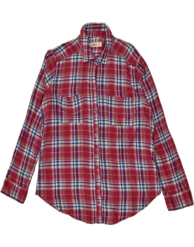 HOLLISTER Womens Shirt UK 16 Large Red Check Cotton Elegant Lace-Trimmed Short Shirt