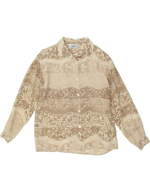 I BLUES Womens Shirt IT 44 Medium Beige Floral Silk Trendy Print Short Sleeve