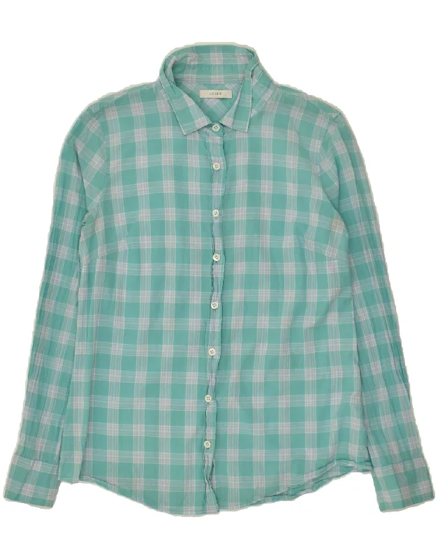 J. CREW Womens Shirt UK 12 Medium Turquoise Check Cotton Modern Short Sleeve Top