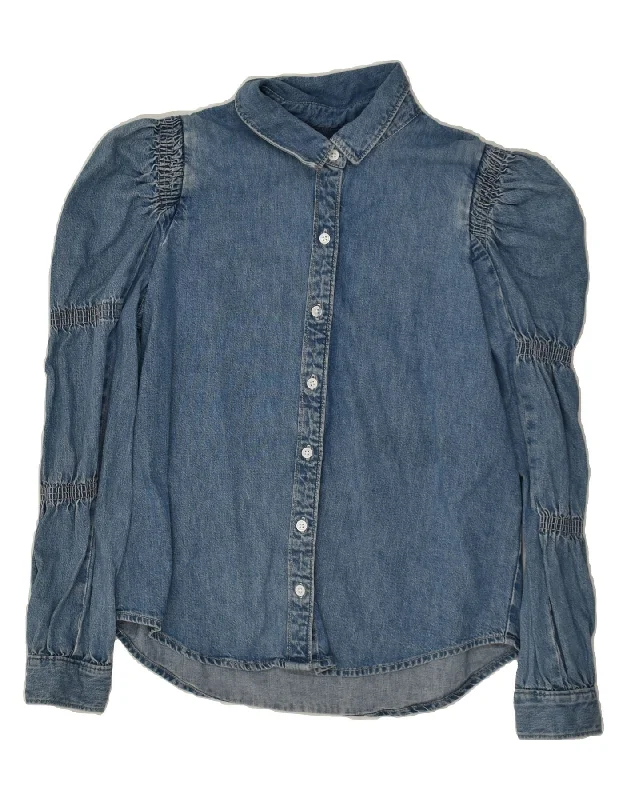 LEVI'S Womens Denim Shirt UK 10 Small Blue Cotton Fashionable Pleated Short Shirt
