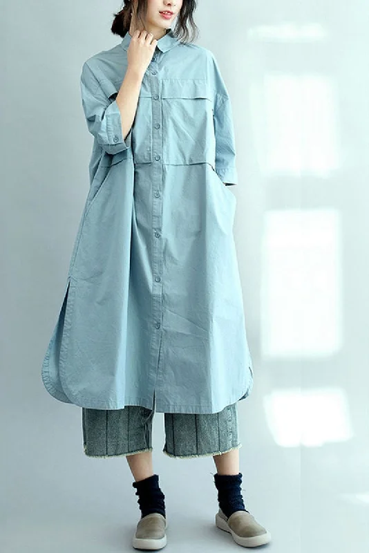 Blue Long Cotton Shirts for Women 3/4 Sleeve Loose Shirt C2071 Classic Short Sleeve Tunic Blue Long Cotton Shirts for Women 3/4 Sleeve Loose Shirt C2071 Classic Short Sleeve Tunic