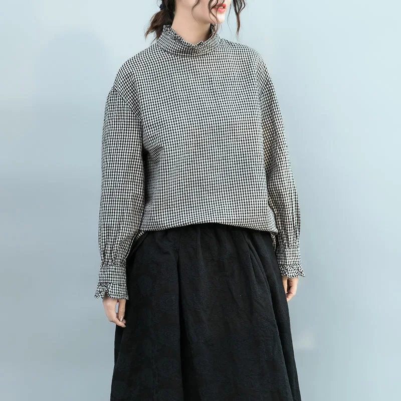 Loose Black Plaid Cotton Linen Shirt Women Casual Blouse S5026 Cozy Loose Fit Short Sleeve Loose Black Plaid Cotton Linen Shirt Women Casual Blouse S5026 Cozy Loose Fit Short Sleeve