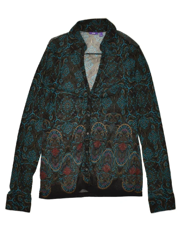 MEXX Womens Shirt Blouse UK 12 Medium Navy Blue Floral Trendy Print Short Sleeve