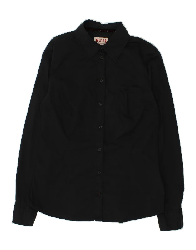 MUSTANG Womens Shirt UK 14 Medium Black Cotton Elegant Off-Shoulder Short Shirt