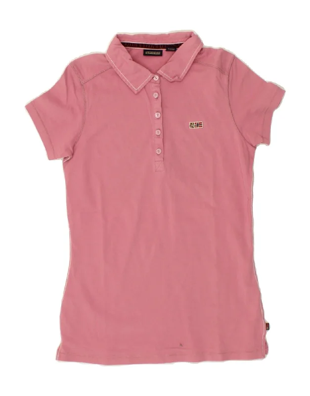 NAPAPIJRI Womens Polo Shirt UK 12 Medium Pink Cotton Elegant High-Low Short Shirt