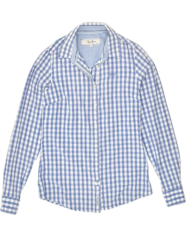 PEPE JEANS Womens Shirt UK 6 XS Blue Gingham Cotton Elegant Lace-Trimmed Short Shirt PEPE JEANS Womens Shirt UK 6 XS Blue Gingham Cotton Elegant Lace-Trimmed Short Shirt