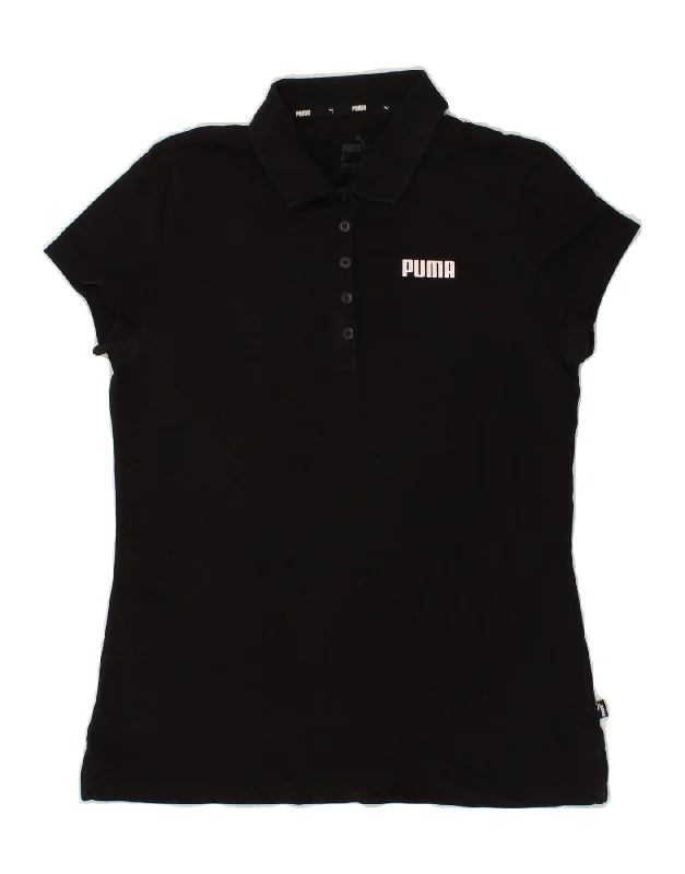PUMA Womens Polo Shirt UK 12 Medium Black Cotton Comfortable Ribbed Short Sleeve