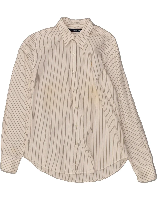 RALPH LAUREN Womens Shirt US 12 Large Beige Pinstripe Cotton Elegant High-Low Short Shirt