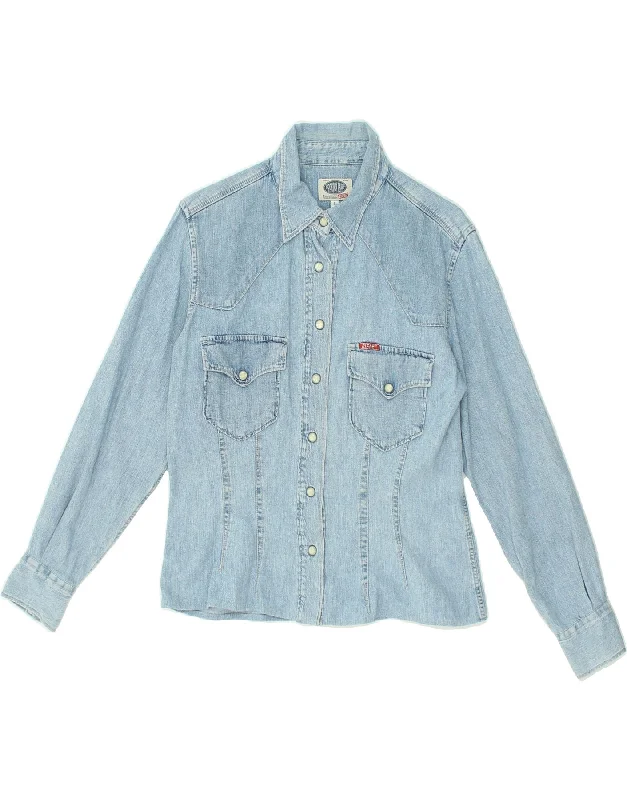 RIFLE Womens Denim Shirt UK 14 Large Blue Cotton Elegant Button-Down Short Shirt