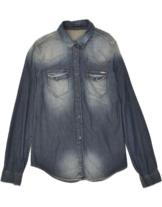 SISLEY Womens Denim Shirt UK 10 Small Navy Blue Cotton Comfortable Graphic Short Sleeve SISLEY Womens Denim Shirt UK 10 Small Navy Blue Cotton Comfortable Graphic Short Sleeve