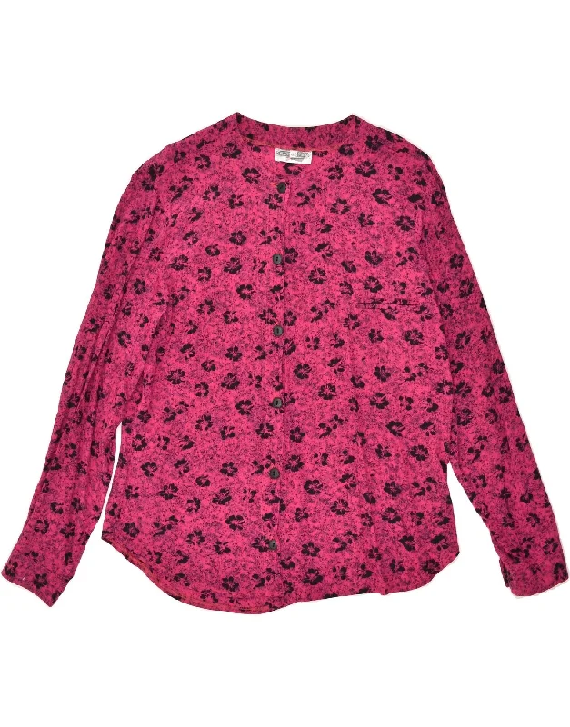 SPORTSTAFF Womens Shirt EU 42 Large Pink Floral Viscose Casual Boxy Short Shirt