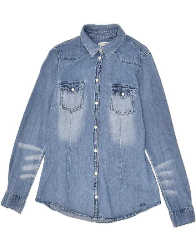 TOM TAILOR Womens Denim Shirt EU 36 Small Blue Cotton Trendy Sleeveless Short Shirt