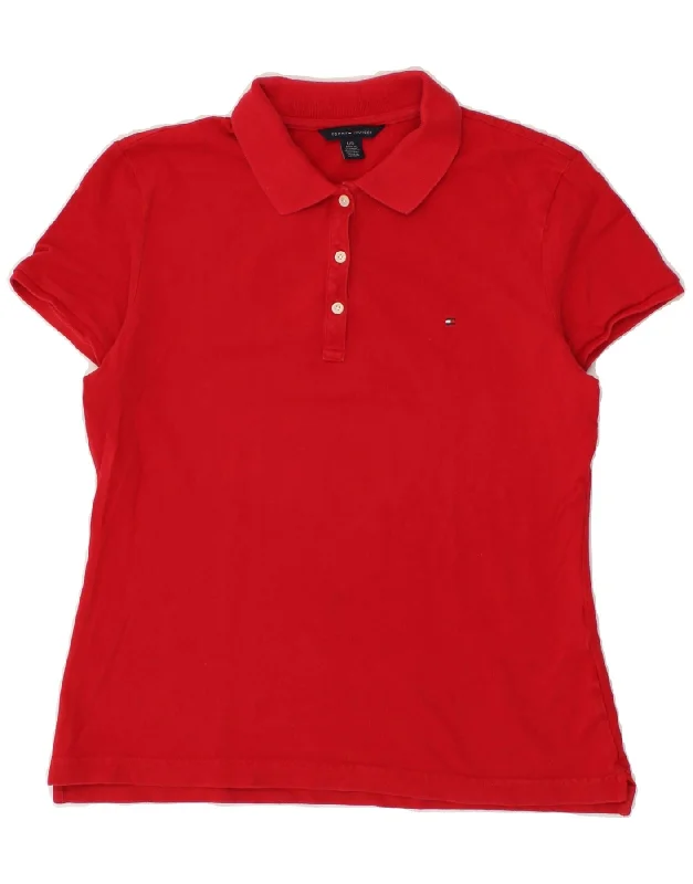 TOMMY HILFIGER Womens Polo Shirt UK 14 Large Red Cotton Trendy Ruffled Short Sleeve