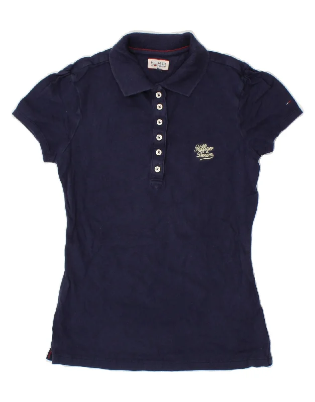 TOMMY HILFIGER Womens Polo Shirt UK  6 XS Navy Blue Cotton Cozy Linen Short Shirt