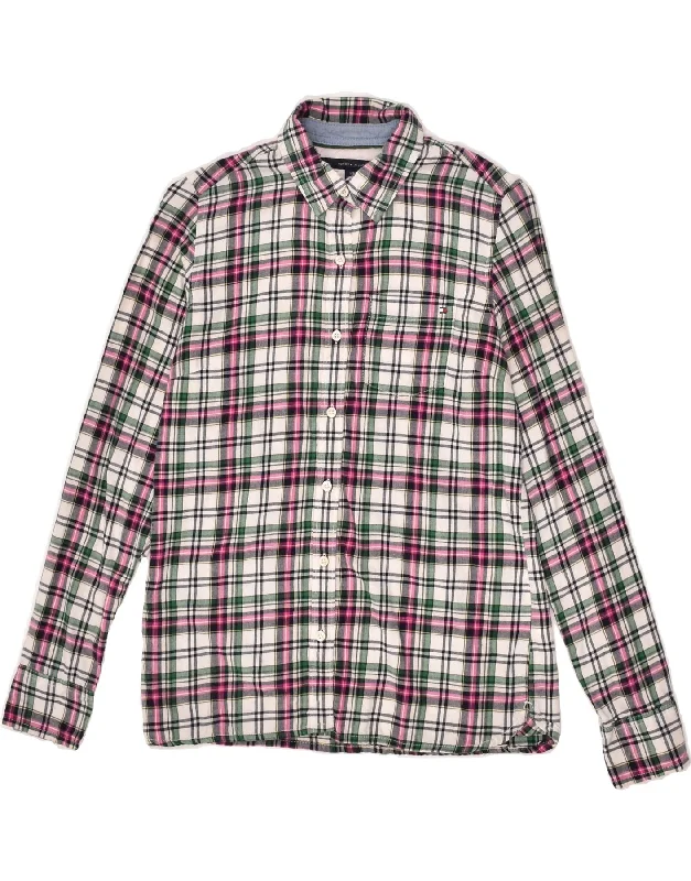 TOMMY HILFIGER Womens Shirt UK 8 Small Multicoloured Check Cotton Comfortable Graphic Short Sleeve