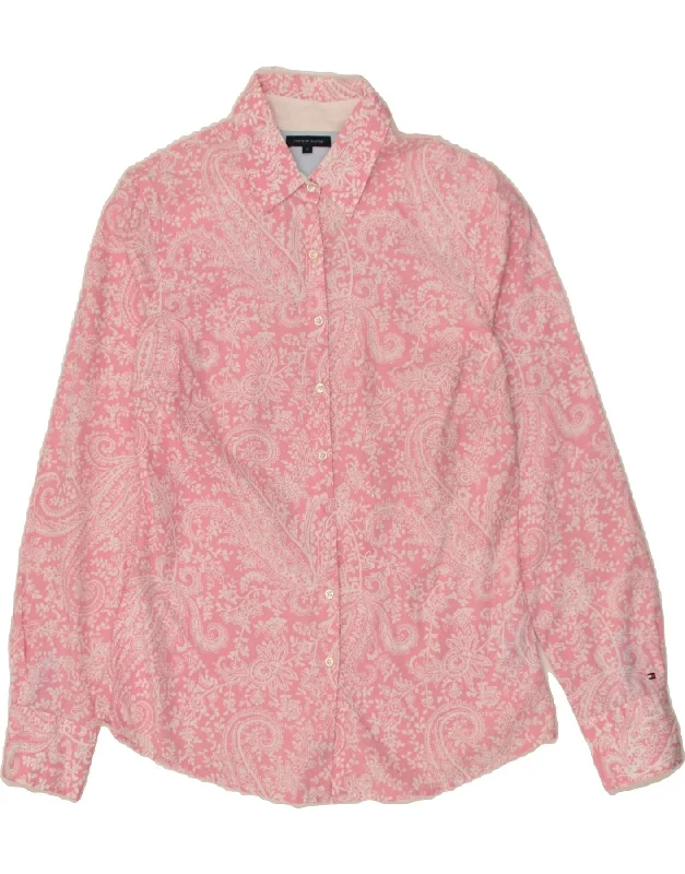 TOMMY HILFIGER Womens Shirt US 10 Large Pink Floral Cotton Elegant High-Low Short Shirt TOMMY HILFIGER Womens Shirt US 10 Large Pink Floral Cotton Elegant High-Low Short Shirt