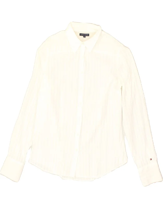 TOMMY HILFIGER Womens Shirt US 8 Medium White Striped Fashionable Rounded Short Shirt TOMMY HILFIGER Womens Shirt US 8 Medium White Striped Fashionable Rounded Short Shirt
