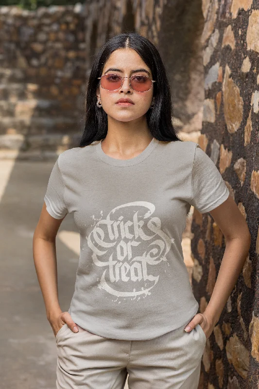 trick or treat Printed Tshirt by UQ(Light Grey) Fashionable Cuffed Short Sleeve