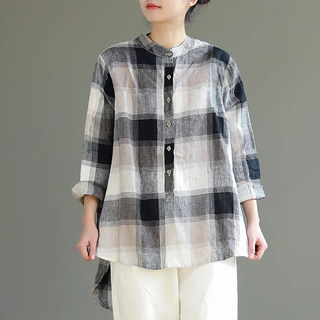 Vintage Loose Cotton Linen Plaid Shirt Women Spring Tops S25024 Elegant Draped Short Shirt Vintage Loose Cotton Linen Plaid Shirt Women Spring Tops S25024 Elegant Draped Short Shirt