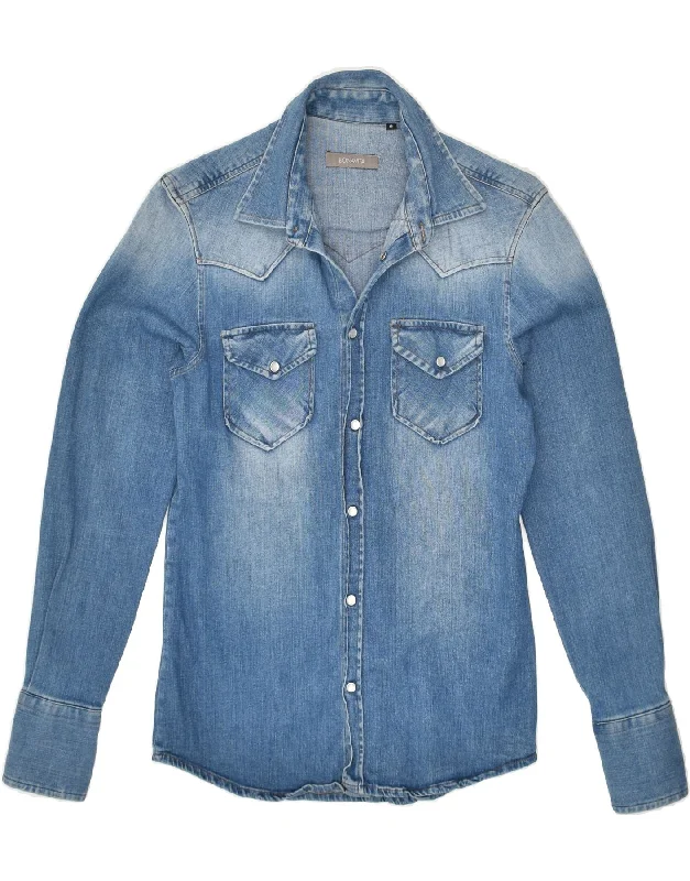 VINTAGE Womens Denim Shirt UK 10 Small Blue Cotton Relaxed Fit Short Sleeve Top