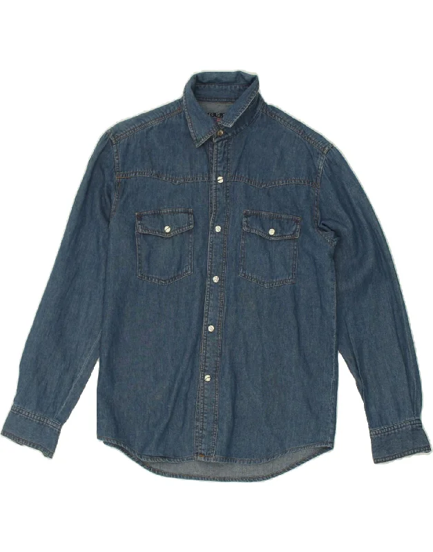 VINTAGE Womens Denim Shirt UK 12 Medium  Blue Cotton Elegant Button-Down Short Shirt