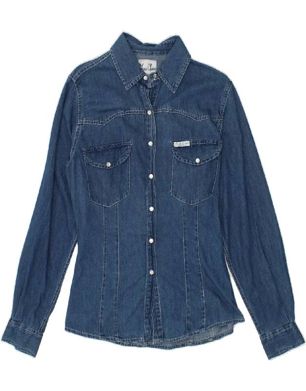VINTAGE Womens Denim Shirt UK 8 Small Blue Cotton Comfortable Graphic Short Sleeve