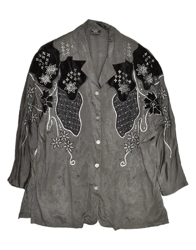 VINTAGE Womens Shirt Blouse EU 40/42  Large Grey Floral Viscose Stylish Short Sleeve Polo
