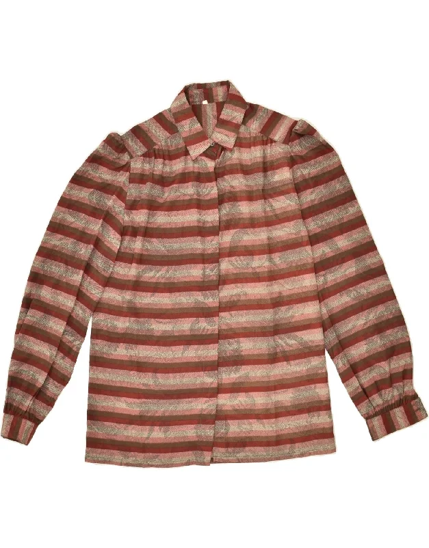 VINTAGE Womens Shirt Blouse IT 40 Small Brown Striped Classic V-Neck Short Shirt